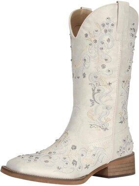 Women's White Faux Leather Western Cowgirl Rhinestone Square Toe Mid Calf Boots